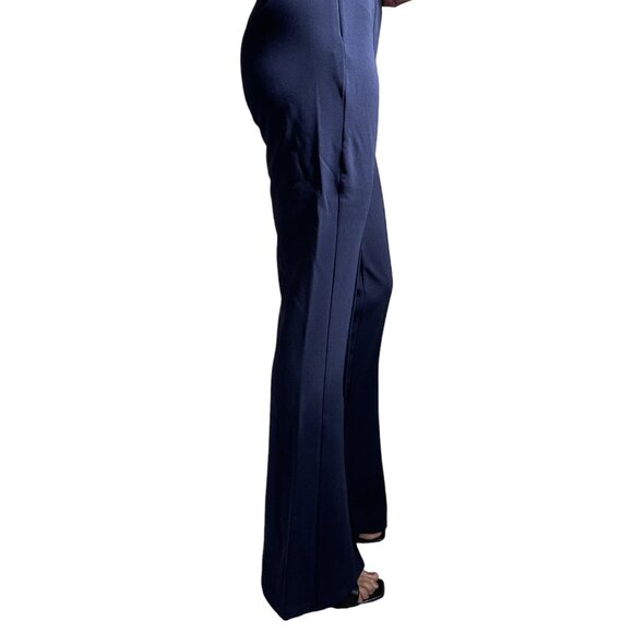 Women's Navy Blue High-Waisted Flared Pants – Elegant & Stretchy Pants - Picture 3 of 8